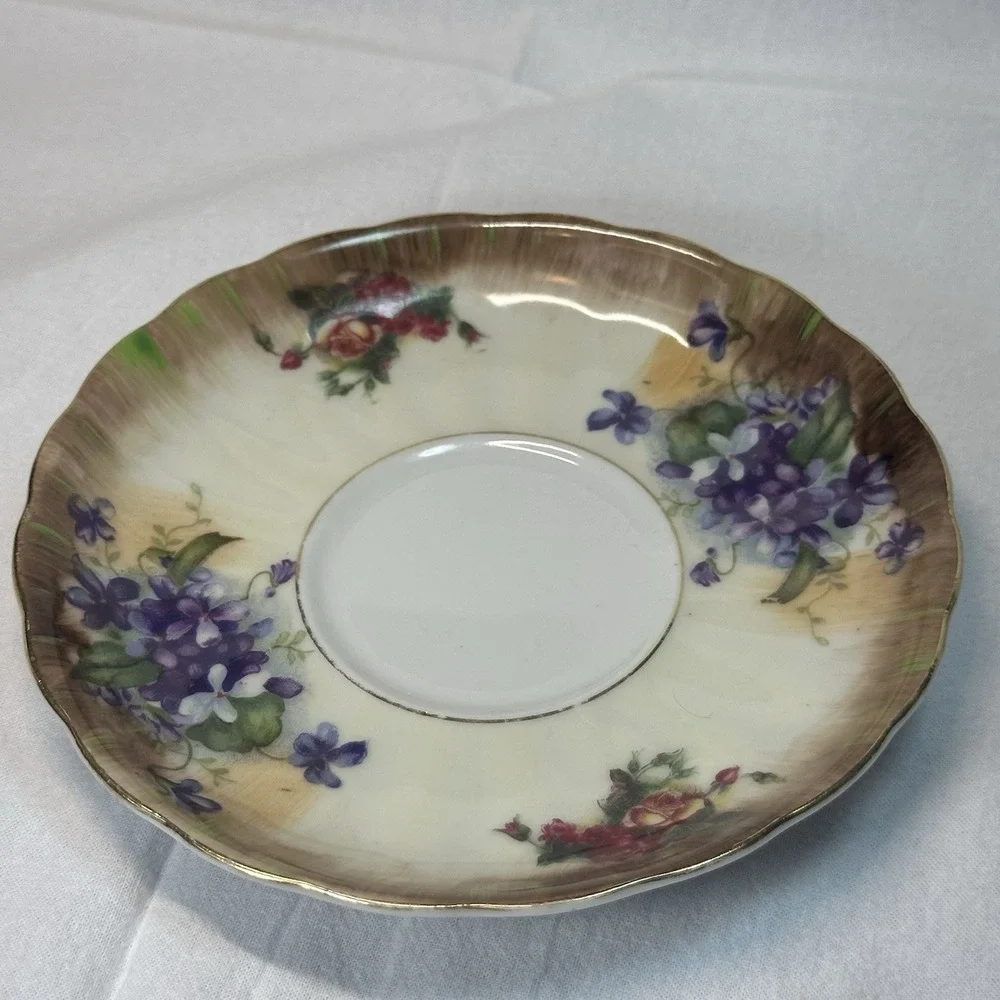 Antique‎ Victorian Tea Cup Saucer Hand Painted Violets Roses Apricot ombré Gilt